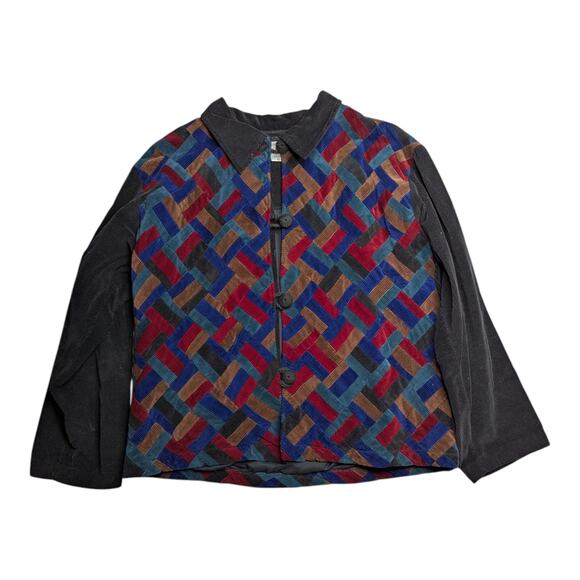Vtg 1990s Soul Mates Black Colorful Herringbone Corduroy Button Up Jacket L - Picture 1 of 4